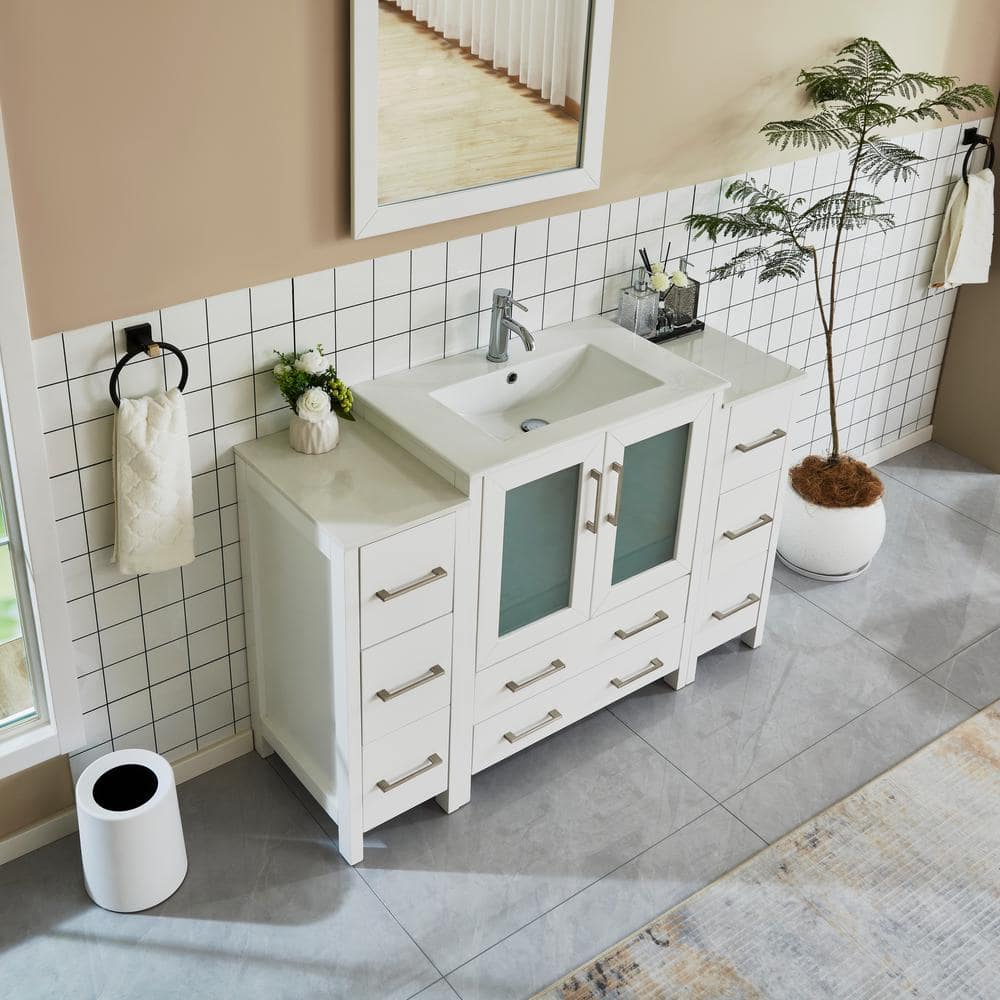Vanity Art Brescia 54 in. W x 18 in. D x 36 in. H Bathroom Vanity in White with Vanity Top in White with White Basin and Mirror