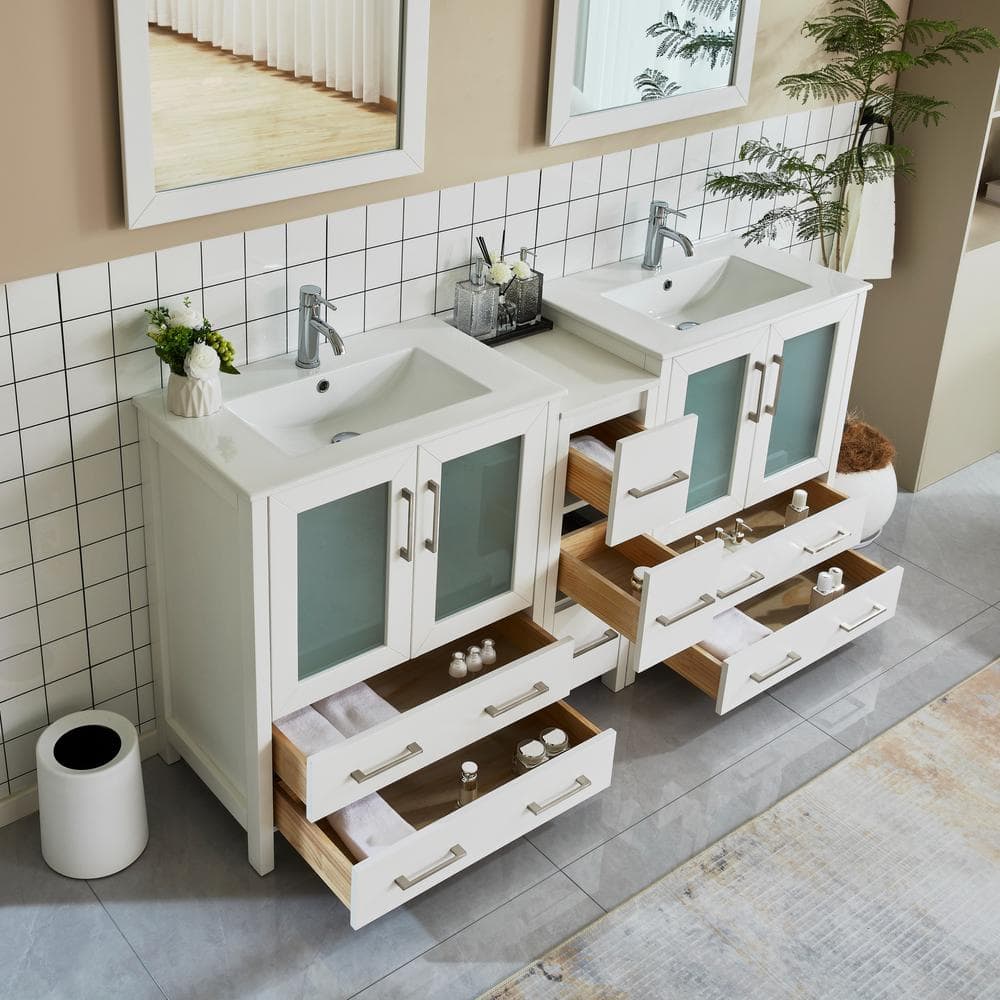 Vanity Art Brescia 72 in. W x 18 in. D x 36 in. H Bath Vanity in White with Vanity Top in White with White Basin and Mirror