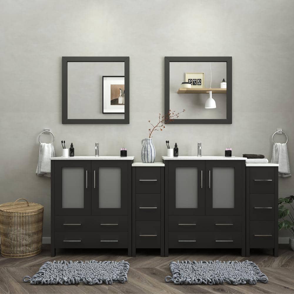 Vanity Art 84 in. W x 18 in. D x 36 in. H Bathroom Vanity in Espresso with Double Basin Vanity Top in White Ceramic and Mirrors
