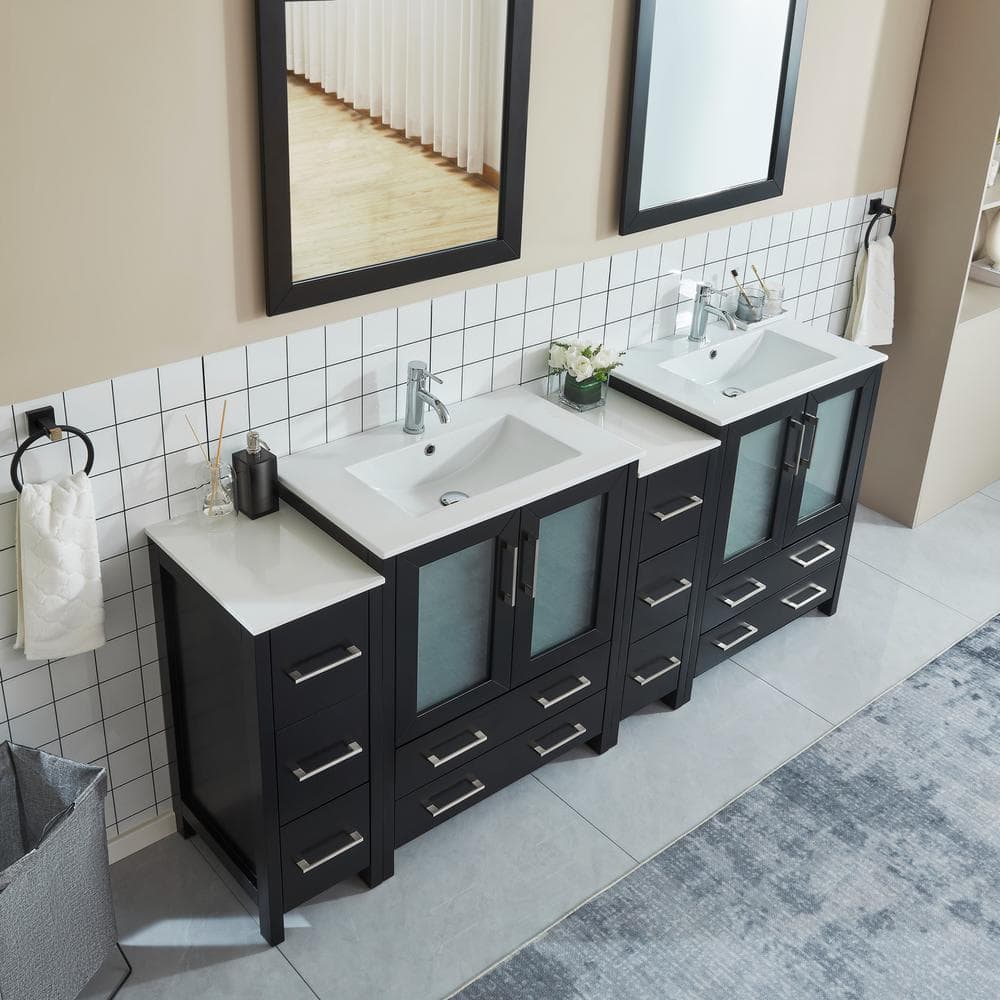 Vanity Art 84 in. W x 18 in. D x 36 in. H Bathroom Vanity in Espresso with Double Basin Vanity Top in White Ceramic and Mirrors