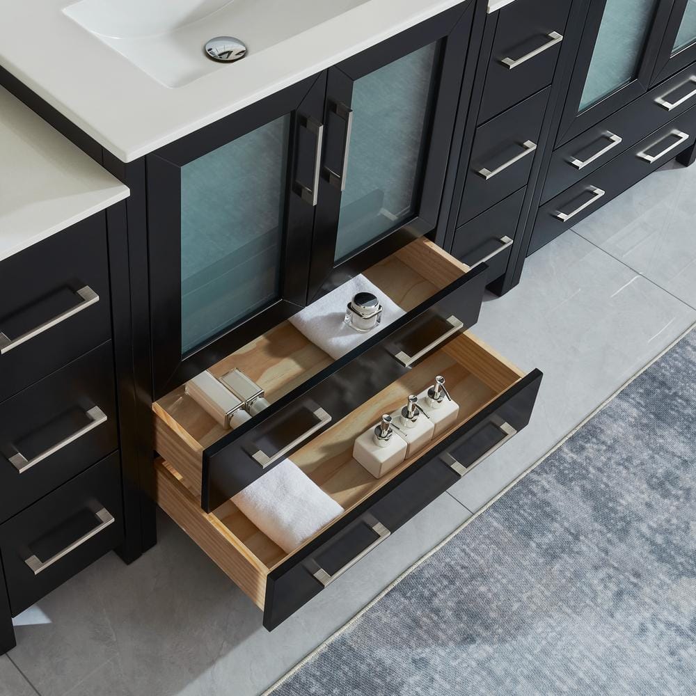 Vanity Art 84 in. W x 18 in. D x 36 in. H Bathroom Vanity in Espresso with Double Basin Vanity Top in White Ceramic and Mirrors
