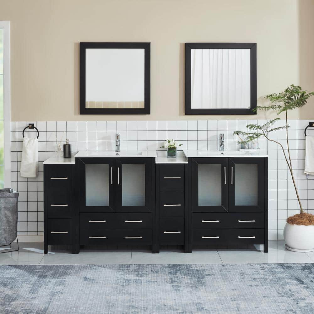 Vanity Art 84 in. W x 18 in. D x 36 in. H Bathroom Vanity in Espresso with Double Basin Vanity Top in White Ceramic and Mirrors