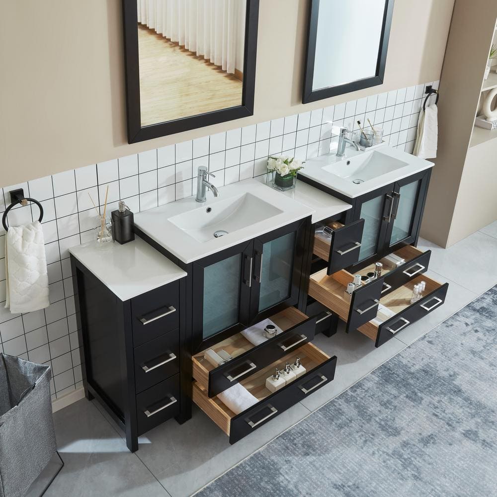 Vanity Art 84 in. W x 18 in. D x 36 in. H Bathroom Vanity in Espresso with Double Basin Vanity Top in White Ceramic and Mirrors