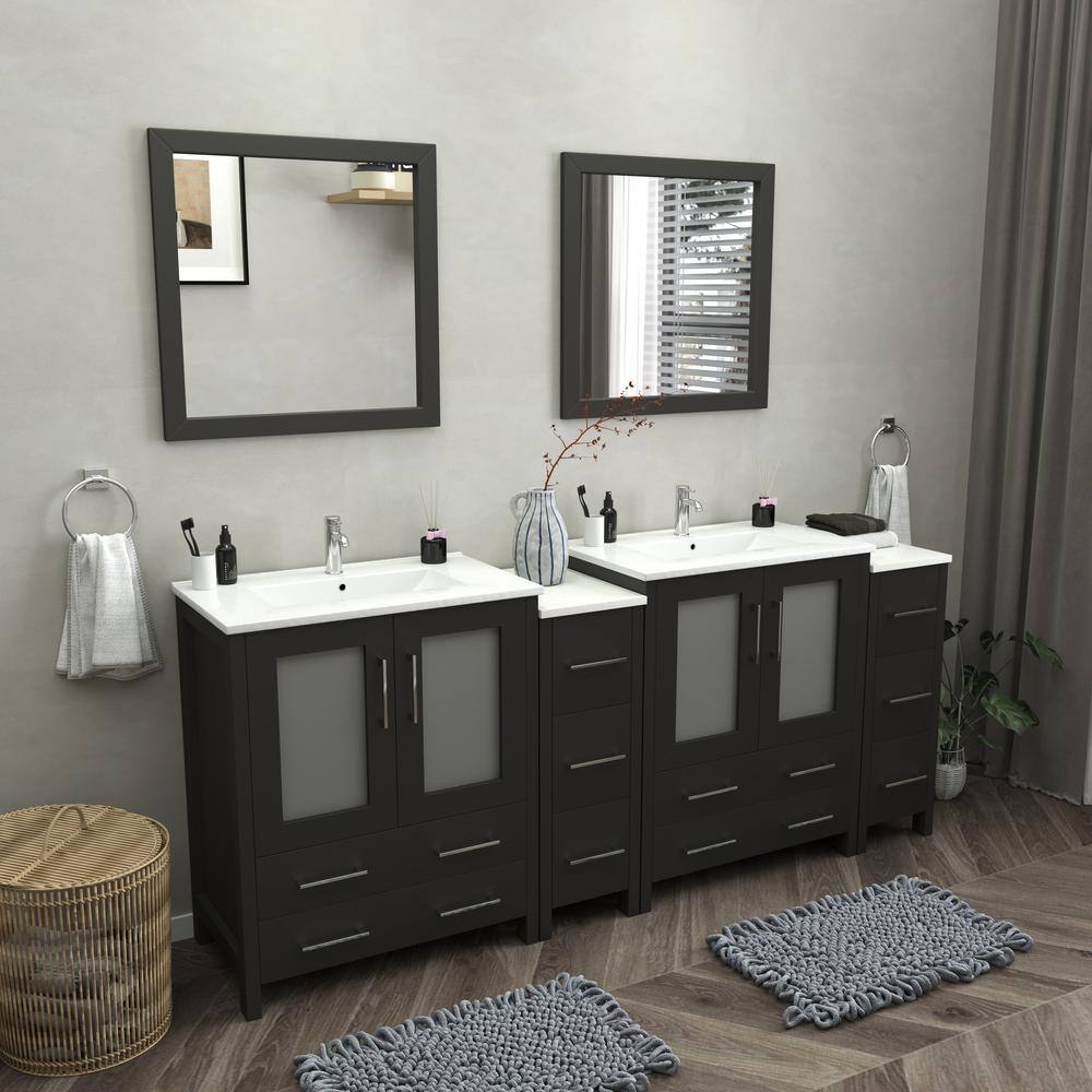 Vanity Art 84 in. W x 18 in. D x 36 in. H Bathroom Vanity in Espresso with Double Basin Vanity Top in White Ceramic and Mirrors