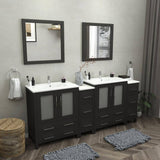Vanity Art 84 in. W x 18 in. D x 36 in. H Bathroom Vanity in Espresso with Double Basin Vanity Top in White Ceramic and Mirrors
