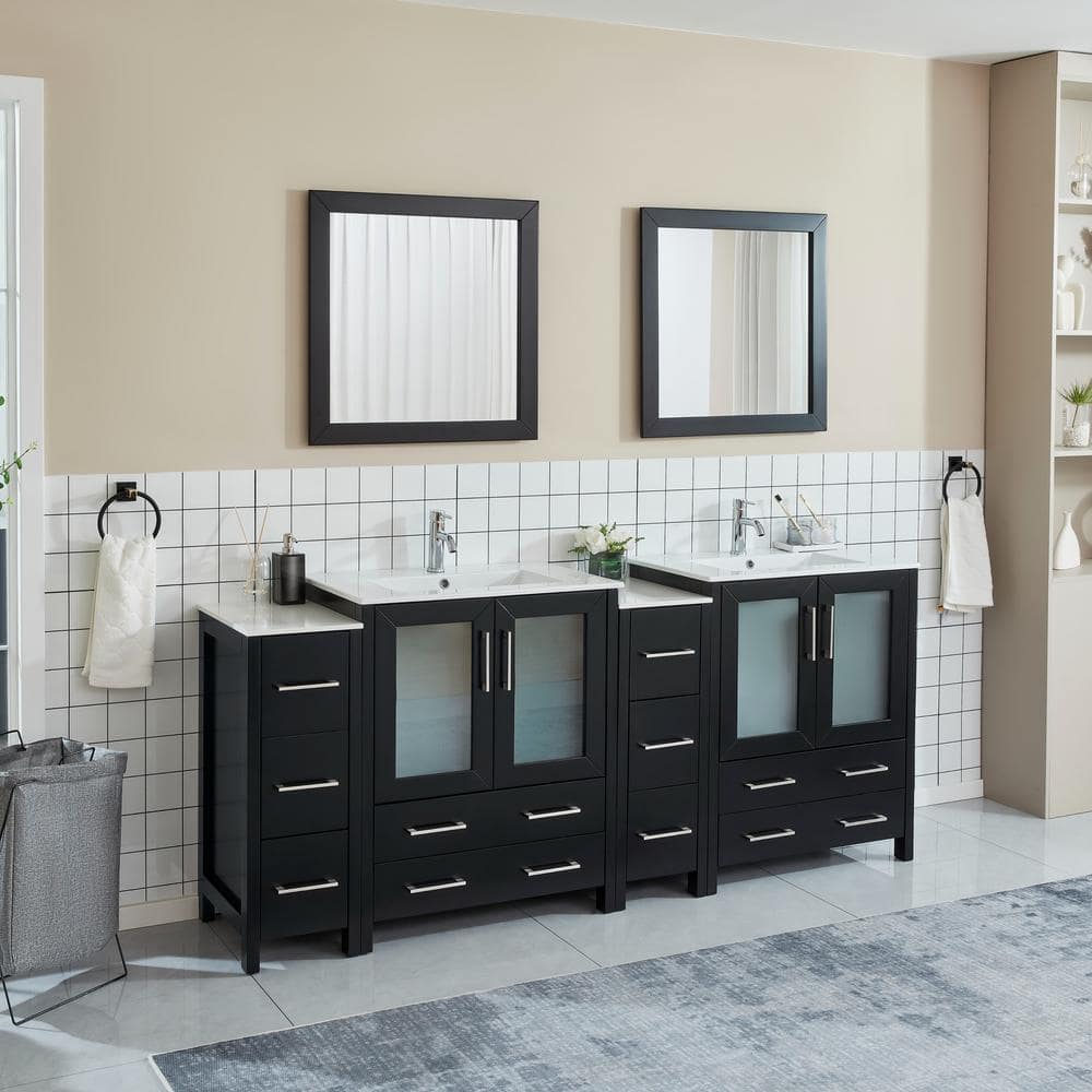 Vanity Art 84 in. W x 18 in. D x 36 in. H Bathroom Vanity in Espresso with Double Basin Vanity Top in White Ceramic and Mirrors
