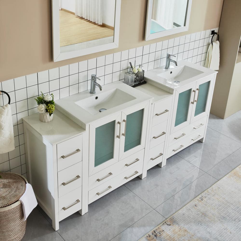 Vanity Art Brescia 84 in. W x 18 in. D x 36 in. H Bath Vanity in White with Vanity Top in White with White Basin and Mirror