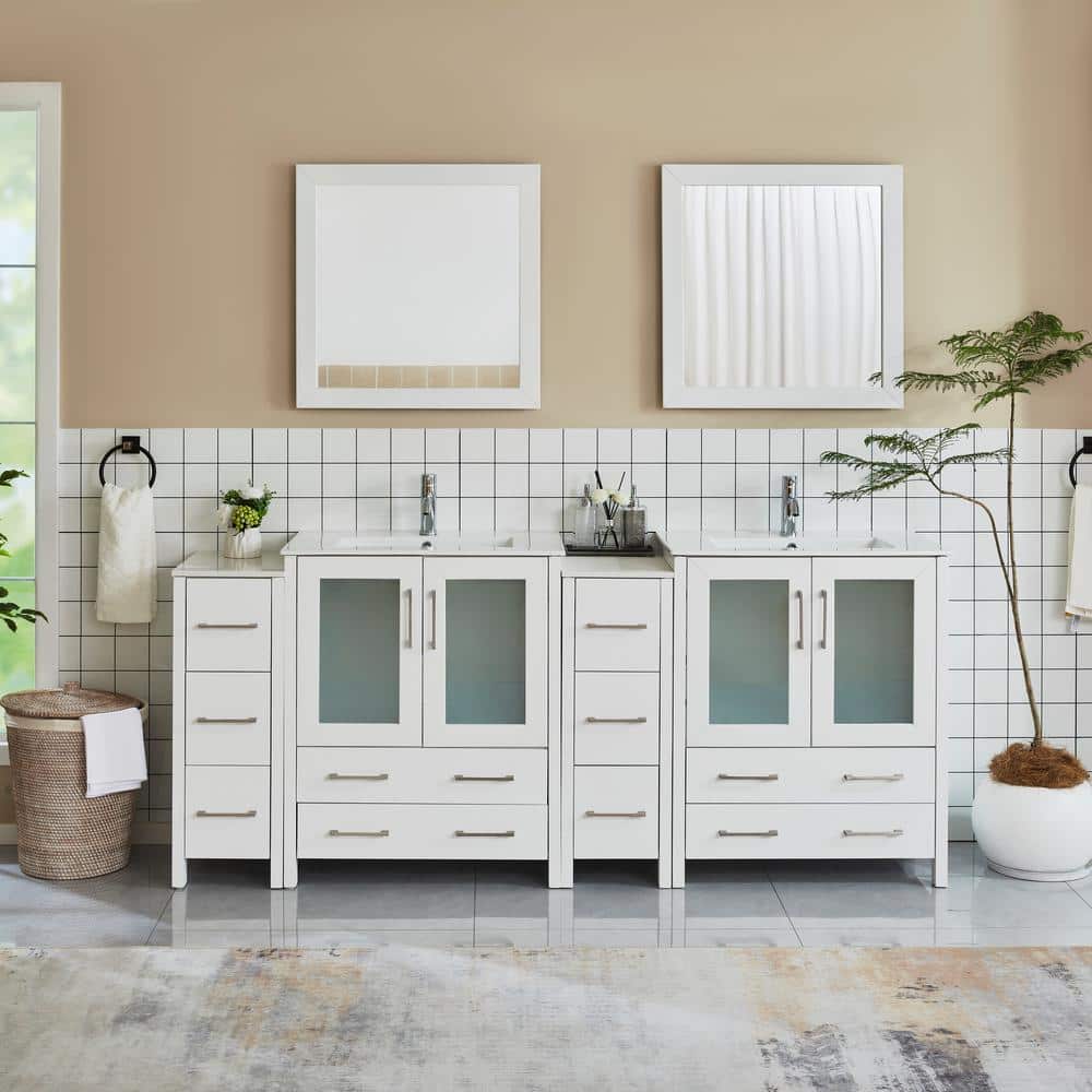Vanity Art Brescia 84 in. W x 18 in. D x 36 in. H Bath Vanity in White with Vanity Top in White with White Basin and Mirror