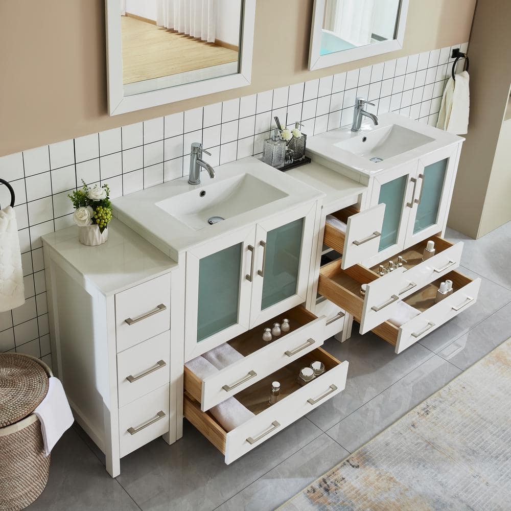 Vanity Art Brescia 84 in. W x 18 in. D x 36 in. H Bath Vanity in White with Vanity Top in White with White Basin and Mirror