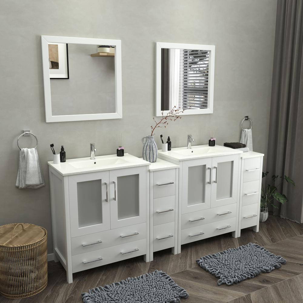 Vanity Art Brescia 84 in. W x 18 in. D x 36 in. H Bath Vanity in White with Vanity Top in White with White Basin and Mirror