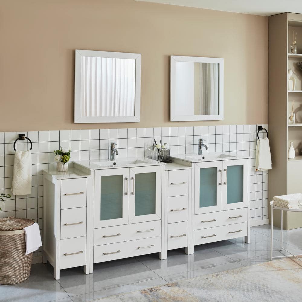 Vanity Art Brescia 84 in. W x 18 in. D x 36 in. H Bath Vanity in White with Vanity Top in White with White Basin and Mirror