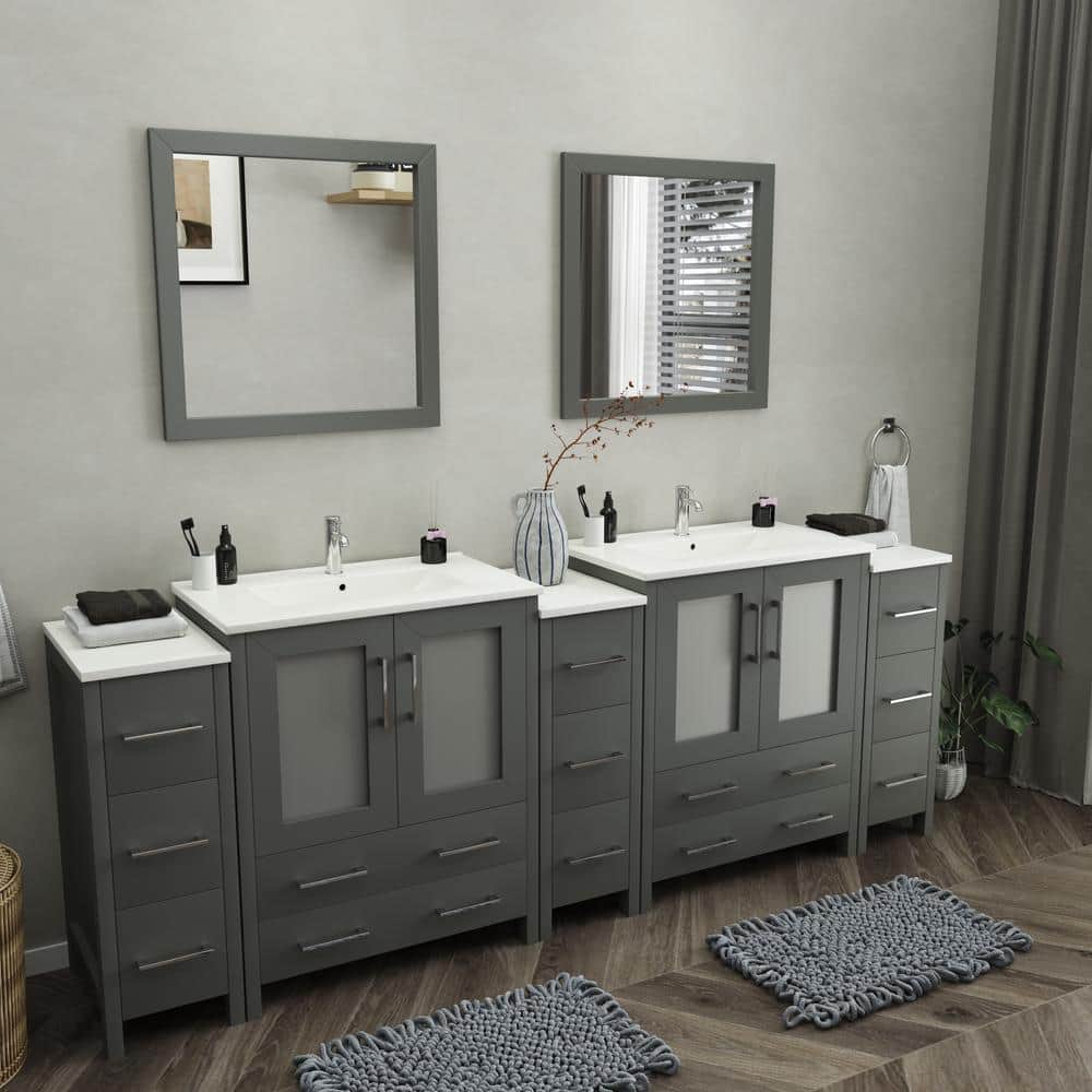 Vanity Art Brescia 96 in. W x 18 in. D x 36 in. H Bath Vanity in Grey with Vanity Top in White with White Basin and Mirror