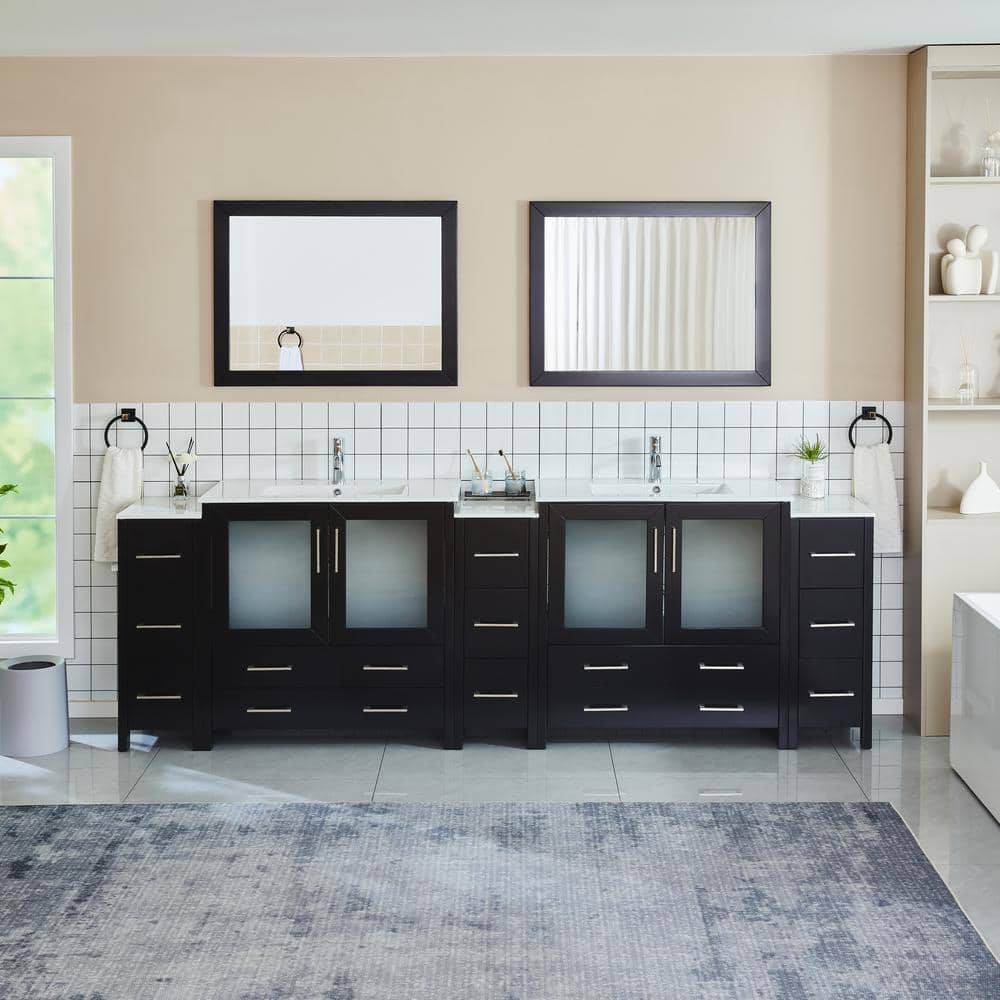 Vanity Art Brescia 108 in. W x 18 in. D x 36 in. H Bathroom Vanity in Espresso with Double Basin Top in White Ceramic and Mirrors