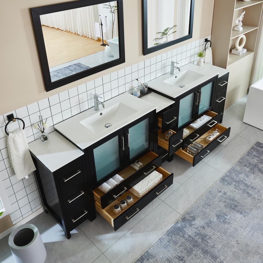 Vanity Art Brescia 108 in. W x 18 in. D x 36 in. H Bathroom Vanity in Espresso with Double Basin Top in White Ceramic and Mirrors