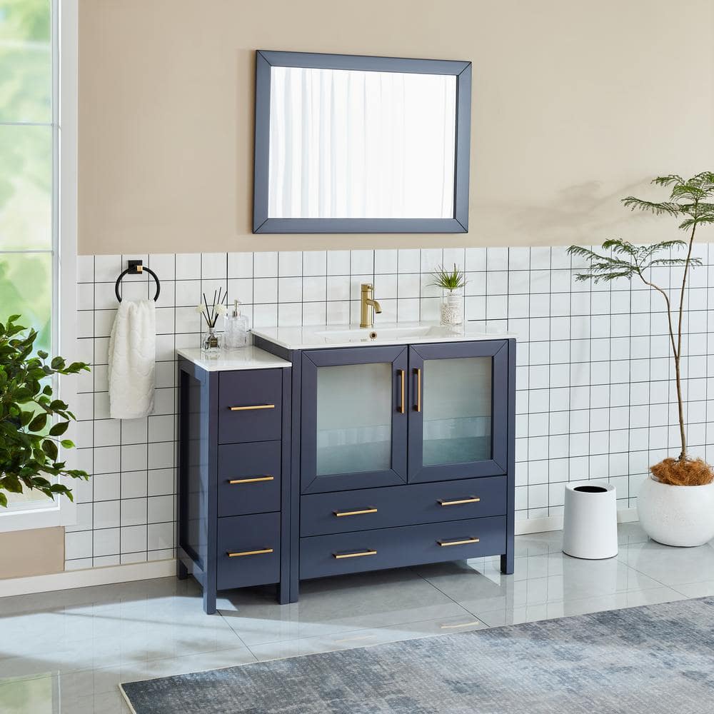 Vanity Art Brescia 48 in. W x 18 in. D x 36 in. H Single Sink Bathroom Vanity in Blue with White Ceramic Top and Mirror
