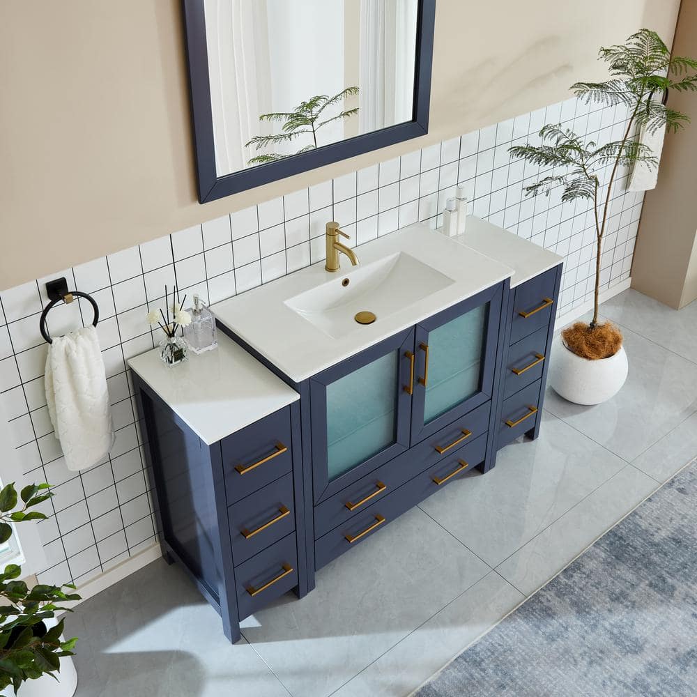 Vanity Art Brescia 60 in. W x 18 in. D x 36 in. H Single Sink Bathroom Vanity in Blue with White Ceramic Top and Mirror