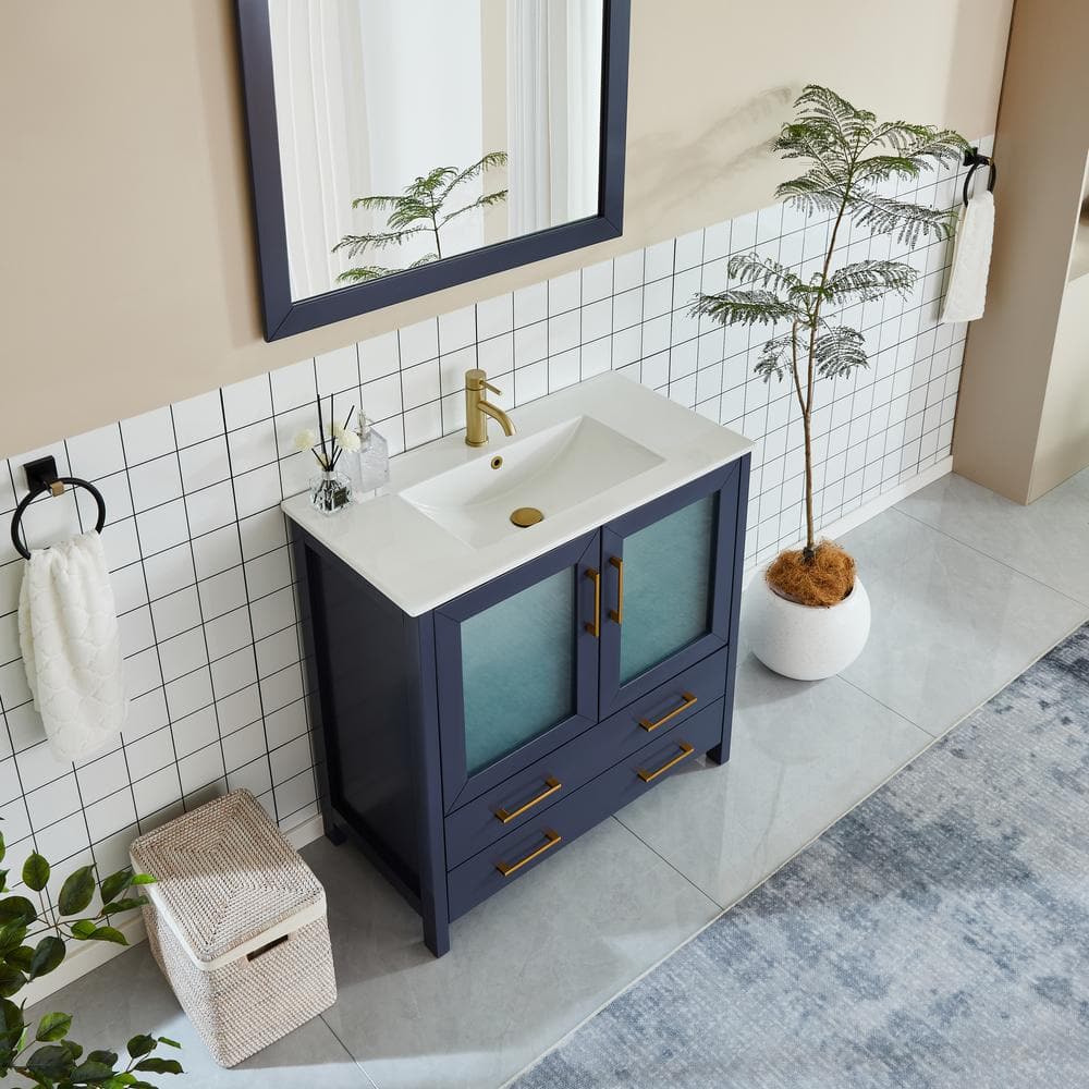 Vanity Art Brescia 36 in. W x 18 in. D x 36 in. H Single Sink Bathroom Vanity in Blue with White Ceramic Top and Mirror