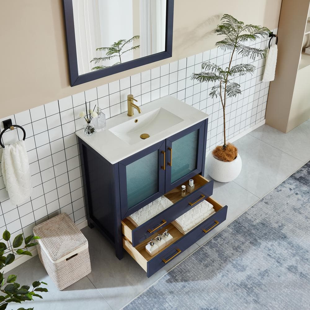 Vanity Art Brescia 36 in. W x 18 in. D x 36 in. H Single Sink Bathroom Vanity in Blue with White Ceramic Top and Mirror