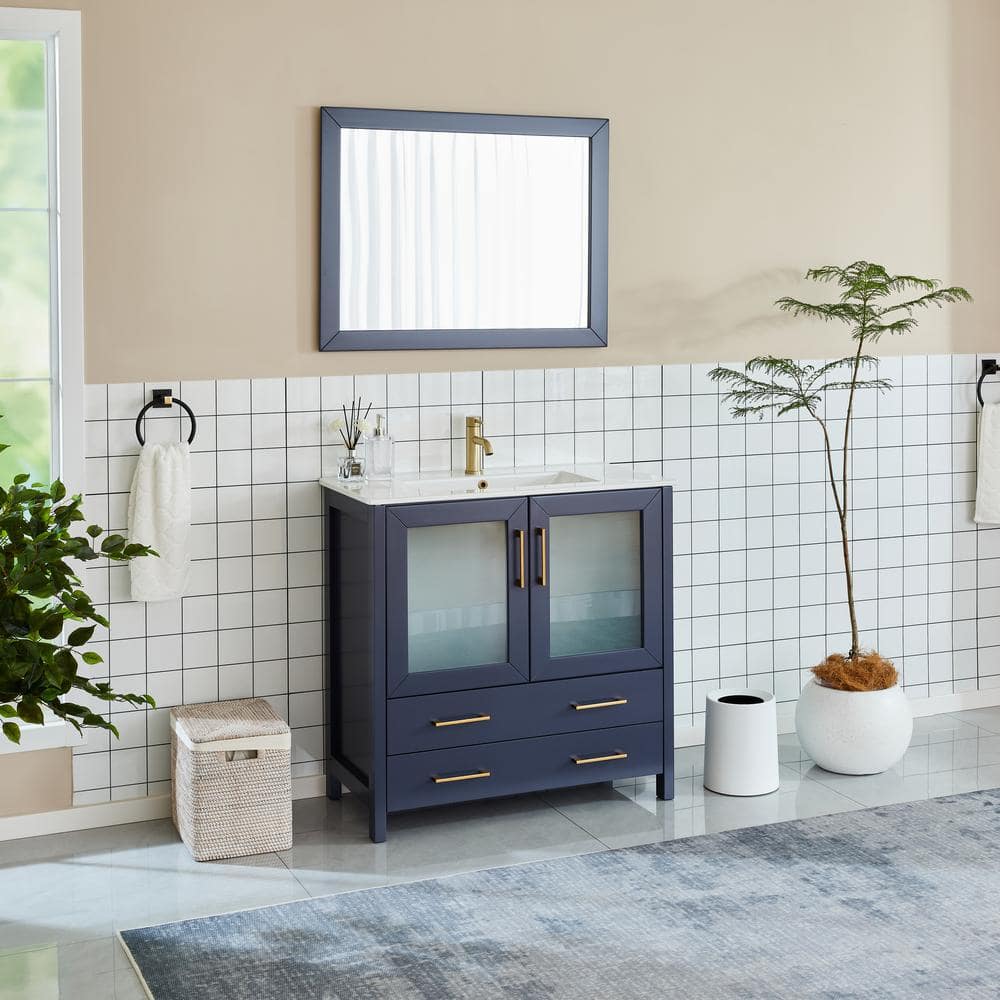 Vanity Art Brescia 36 in. W x 18 in. D x 36 in. H Single Sink Bathroom Vanity in Blue with White Ceramic Top and Mirror