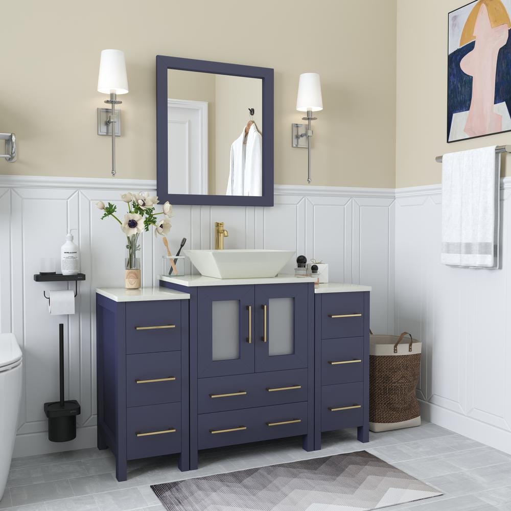 Vanity Art Ravenna 48 in. W Single Basin Bathroom Vanity in Blue with White Top in Engineered Marble Top and Mirror