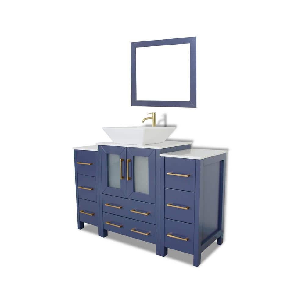Vanity Art Ravenna 48 in. W Single Basin Bathroom Vanity in Blue with White Top in Engineered Marble Top and Mirror
