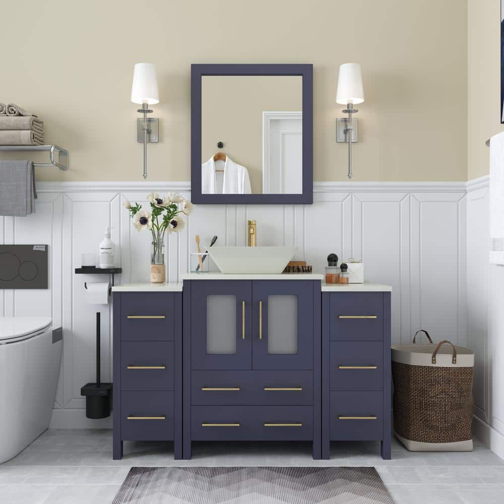 Vanity Art Ravenna 48 in. W Single Basin Bathroom Vanity in Blue with White Top in Engineered Marble Top and Mirror