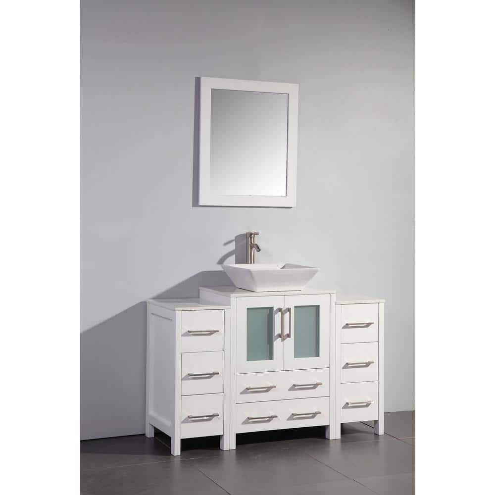 Vanity Art Ravenna 48 in. W Bathroom Vanity in White with Single Basin in White Engineered Marble Top and Mirror