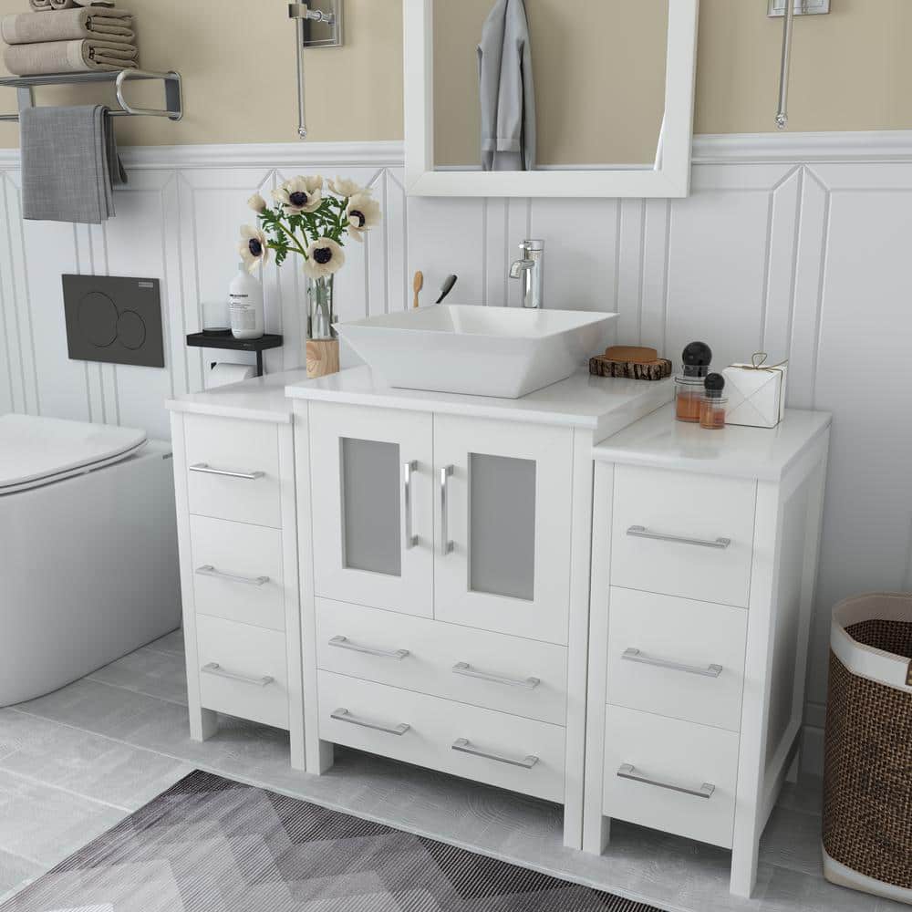 Vanity Art Ravenna 48 in. W Bathroom Vanity in White with Single Basin in White Engineered Marble Top and Mirror