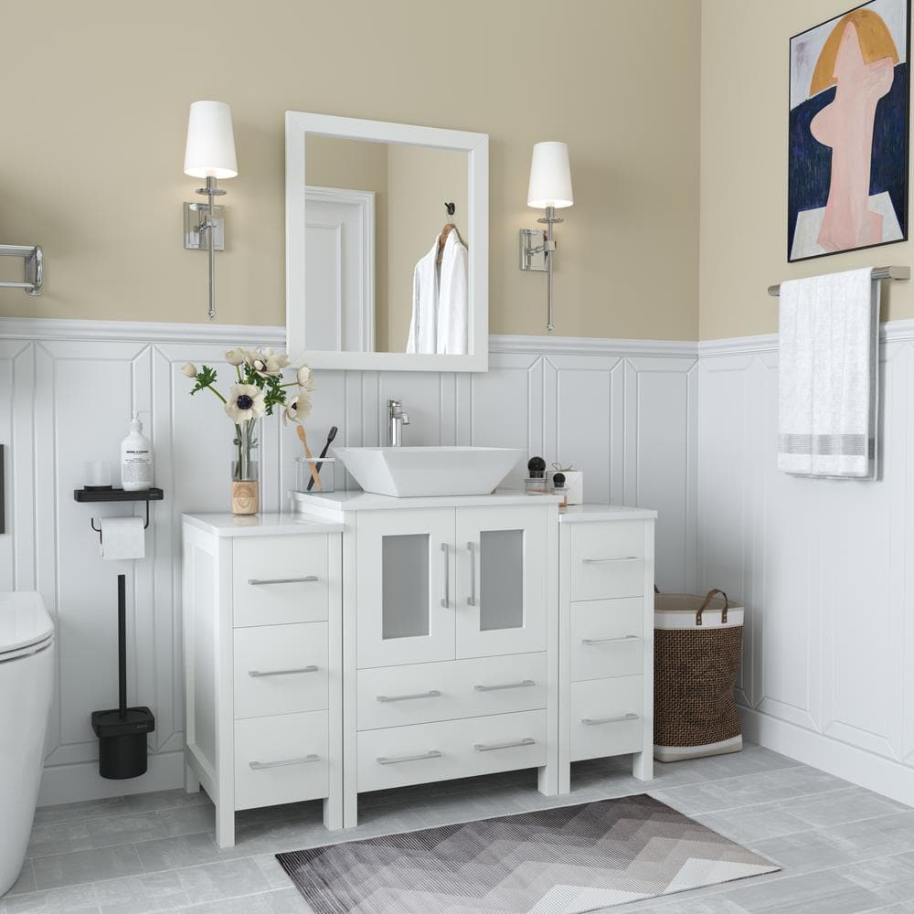 Vanity Art Ravenna 48 in. W Bathroom Vanity in White with Single Basin in White Engineered Marble Top and Mirror