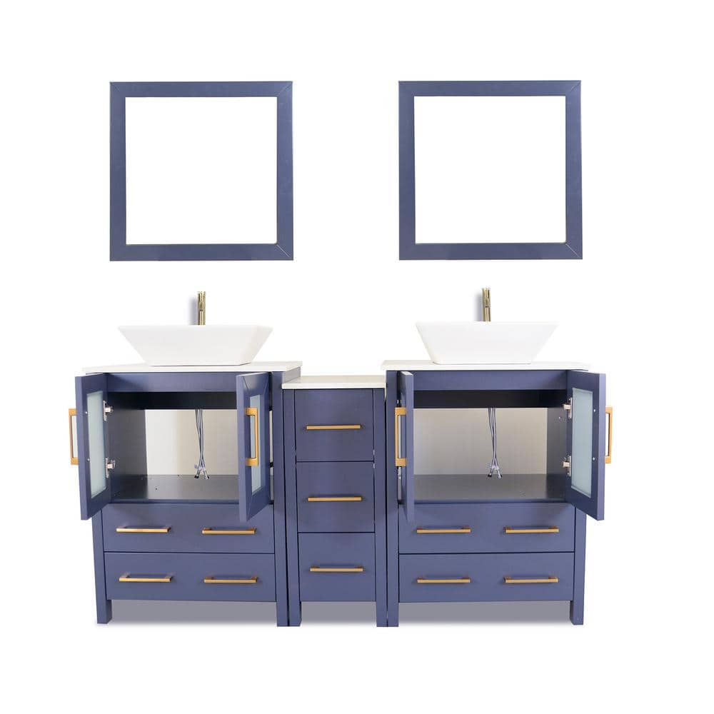 Vanity Art Ravenna 60 in. W Double Basin Bathroom Vanity in Blue with White Engineered Marble Top and Mirror