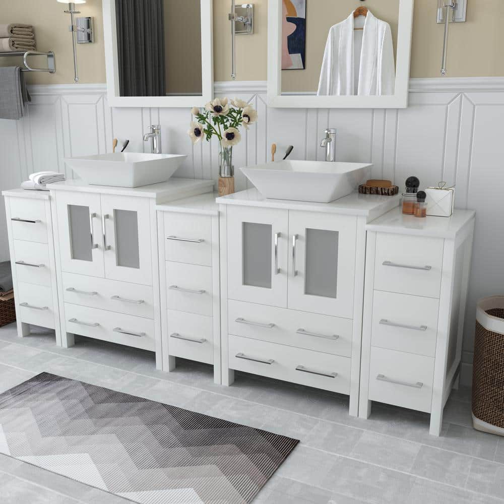 Vanity Art Ravenna 84 in. W Bathroom Vanity in White with Double Basin in White Engineered Marble Top and Mirrors