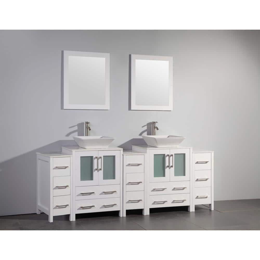 Vanity Art Ravenna 84 in. W Bathroom Vanity in White with Double Basin in White Engineered Marble Top and Mirrors