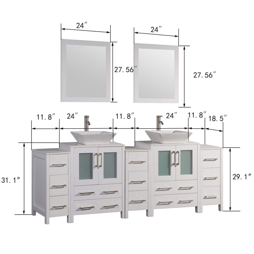 Vanity Art Ravenna 84 in. W Bathroom Vanity in White with Double Basin in White Engineered Marble Top and Mirrors