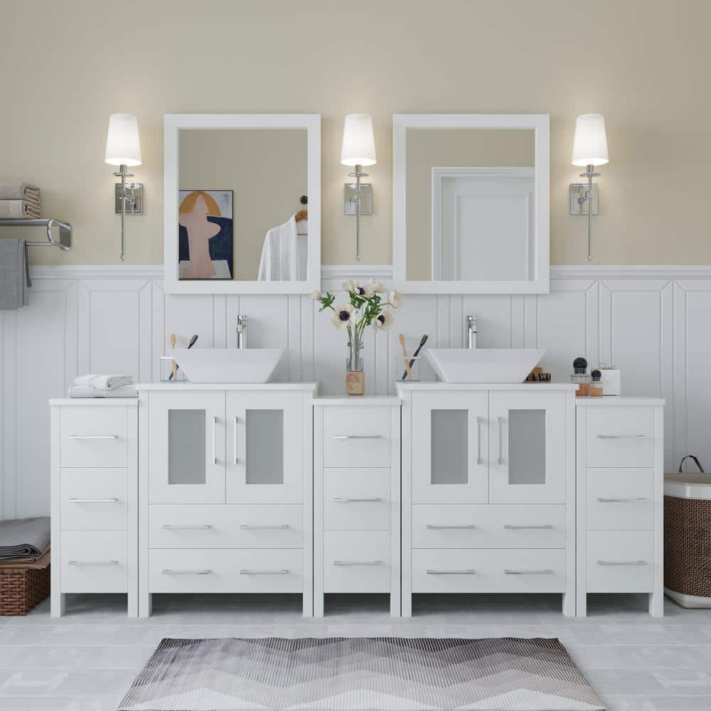 Vanity Art Ravenna 84 in. W Bathroom Vanity in White with Double Basin in White Engineered Marble Top and Mirrors