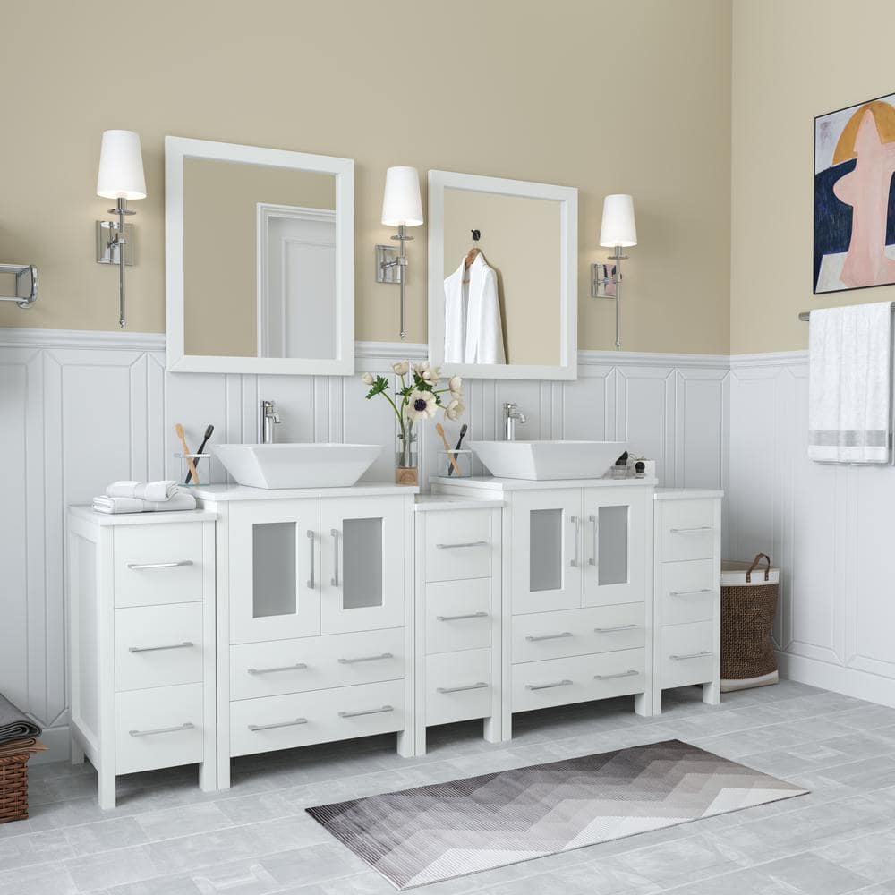 Vanity Art Ravenna 84 in. W Bathroom Vanity in White with Double Basin in White Engineered Marble Top and Mirrors