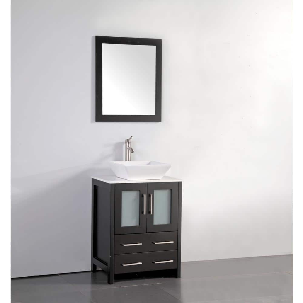 Vanity Art Ravenna 24 in. W Bathroom Vanity in Espresso with Single Basin in White Engineered Marble Top and Mirror