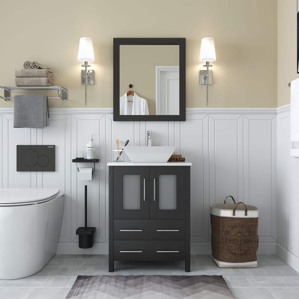 Vanity Art Ravenna 24 in. W Bathroom Vanity in Espresso with Single Basin in White Engineered Marble Top and Mirror