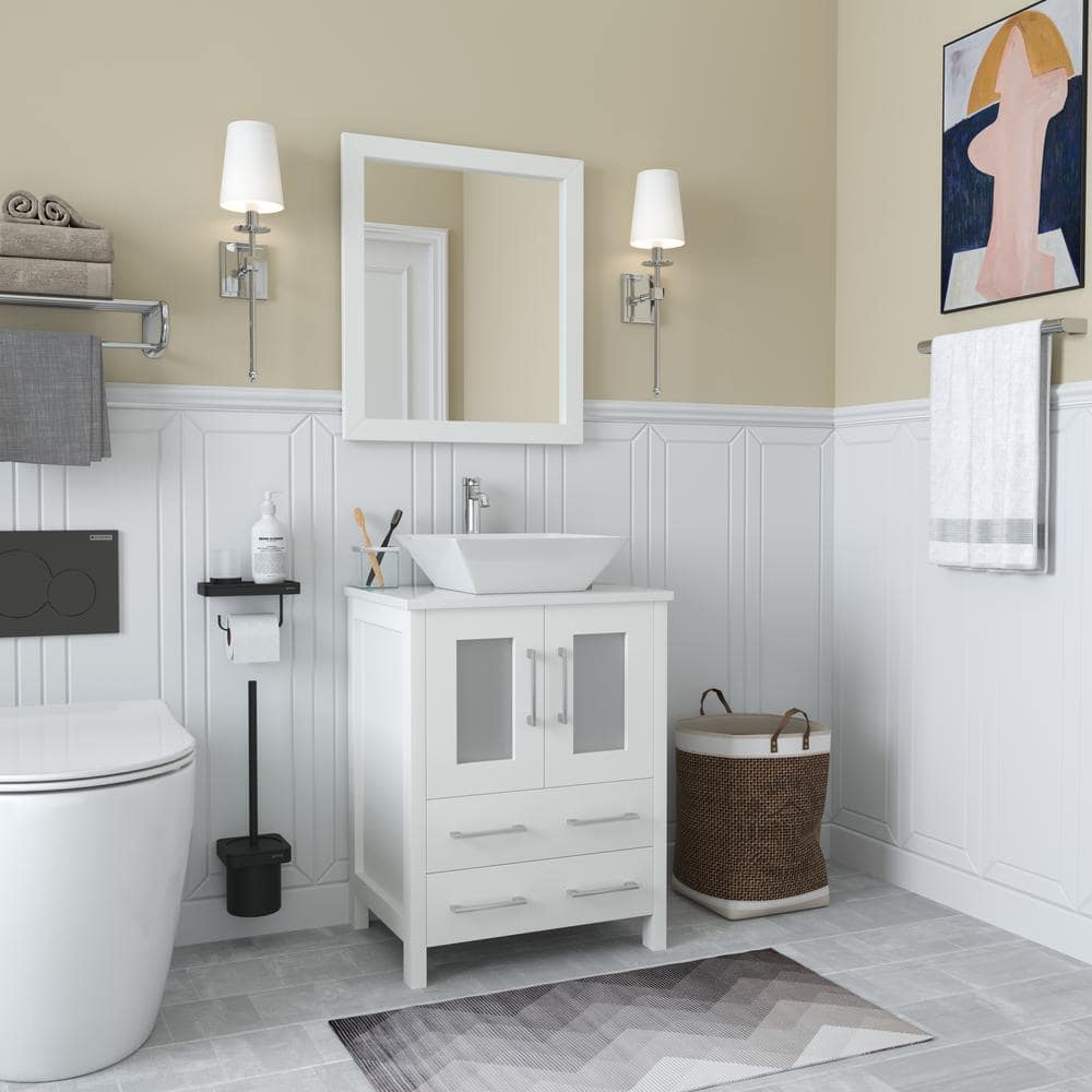 Vanity Art Ravenna 24-in W White Single Sink Bathroom Vanity with Engineered Marble Top and Mirror