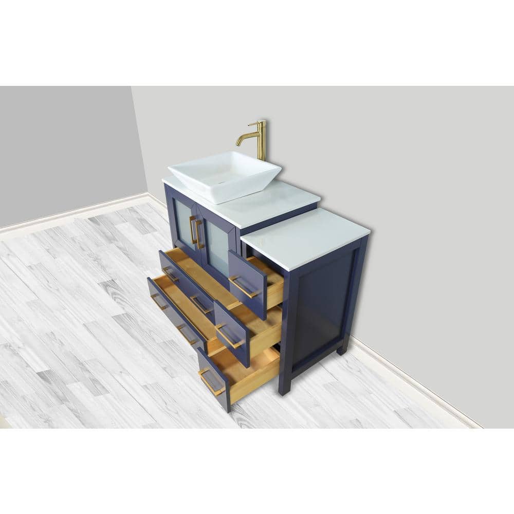 Vanity Art Ravenna 42 in. W Single Basin Bathroom Vanity in Blue with White Engineered Marble Top and Mirror