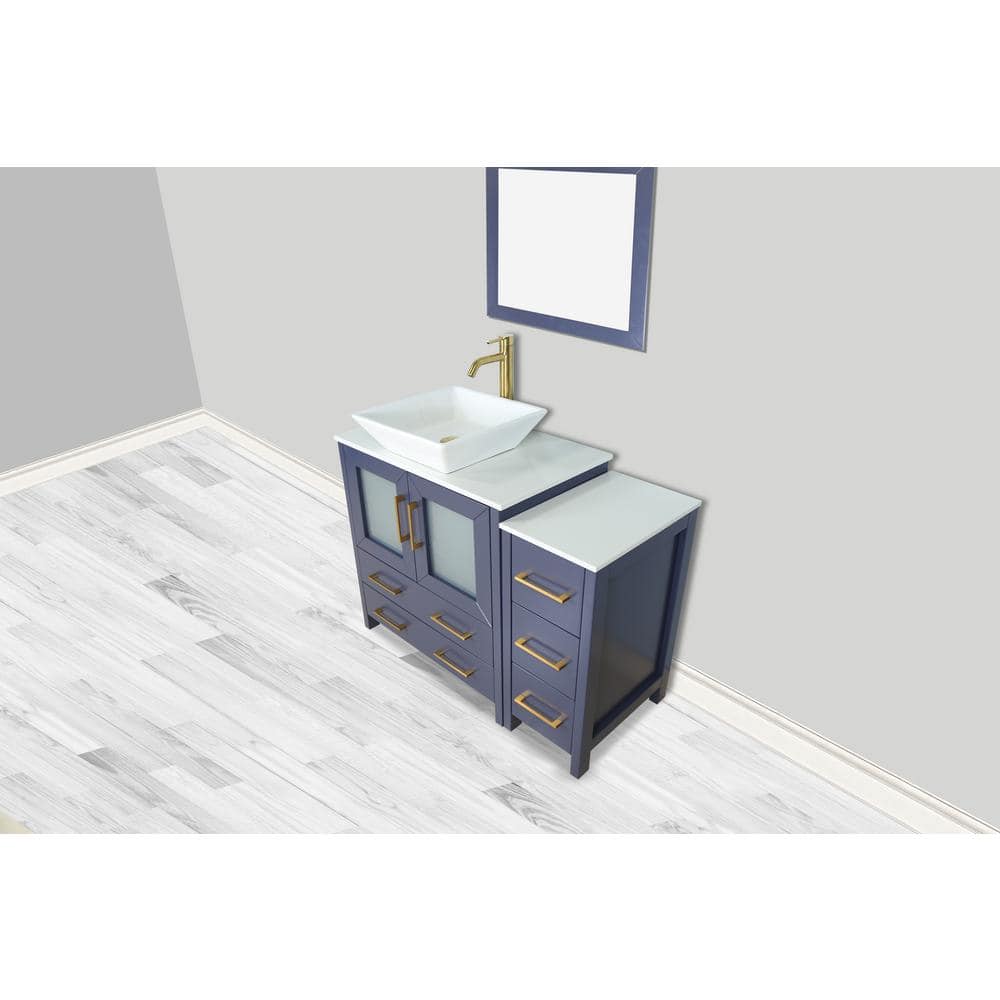 Vanity Art Ravenna 42 in. W Single Basin Bathroom Vanity in Blue with White Engineered Marble Top and Mirror