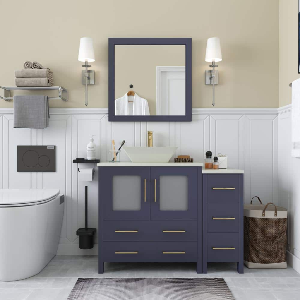 Vanity Art Ravenna 42 in. W Single Basin Bathroom Vanity in Blue with White Engineered Marble Top and Mirror