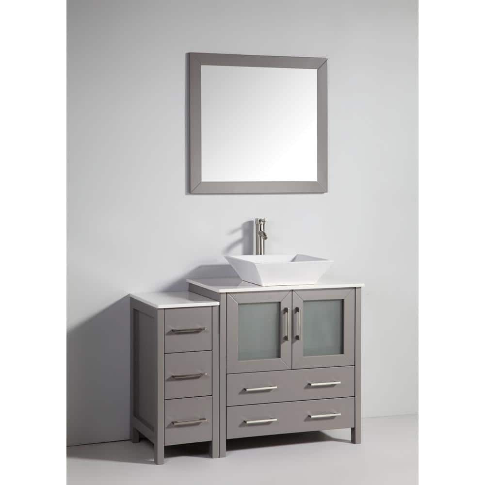 Vanity Art Ravenna 42 in. W Bathroom Vanity in Grey with Single Basin in White Engineered Marble Top and Mirror