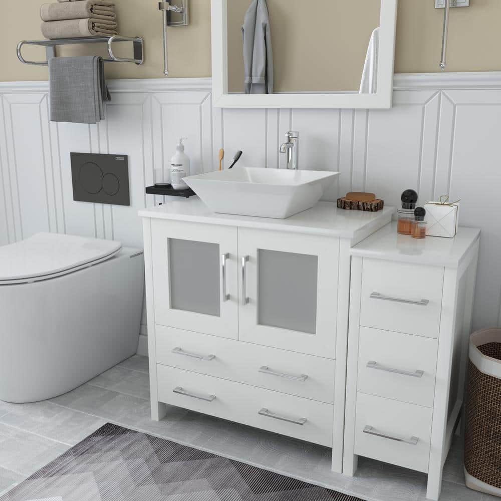 Vanity Art Ravenna 42 in. W Bathroom Vanity in White with Single Basin in White Engineered Marble Top and Mirror