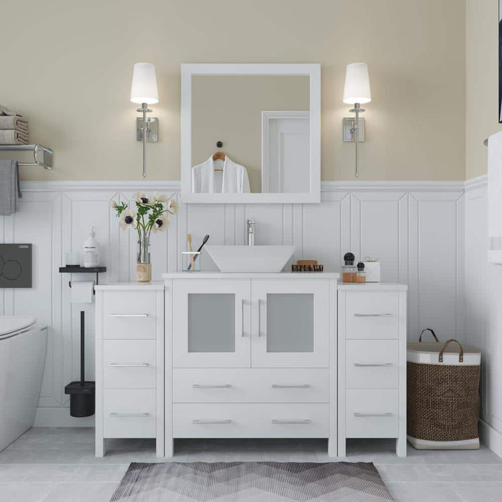 Vanity Art Ravenna 54 in. W Bathroom Vanity in White with Single Basin in White Engineered Marble Top and Mirror