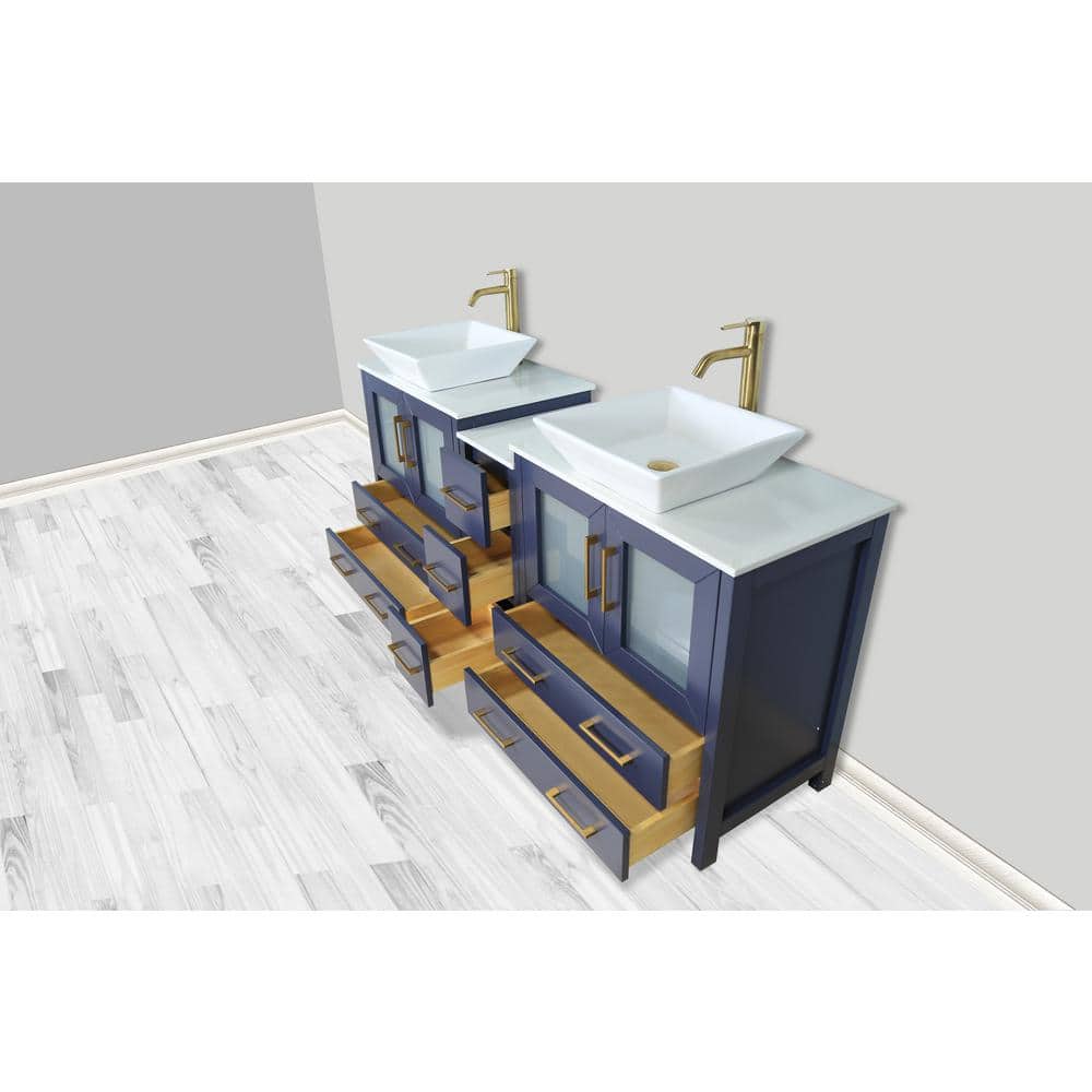 Vanity Art Ravenna 72 in. W Double Basin Bathroom Vanity in Blue with White Engineered Marble Top and Mirrors