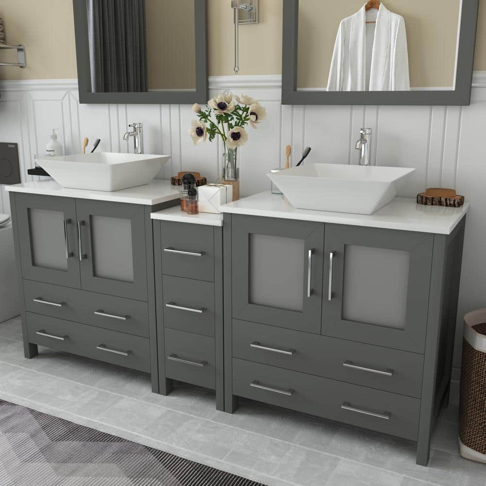 Vanity Art Ravenna 72 in. W Bathroom Vanity in Grey with Double Basin in White Engineered Marble Top and Mirrors