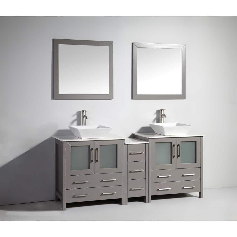 Vanity Art Ravenna 72 in. W Bathroom Vanity in Grey with Double Basin in White Engineered Marble Top and Mirrors