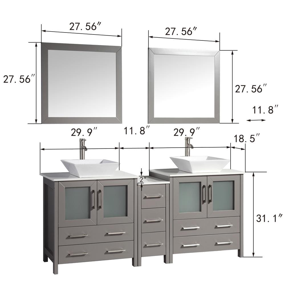 Vanity Art Ravenna 72 in. W Bathroom Vanity in Grey with Double Basin in White Engineered Marble Top and Mirrors