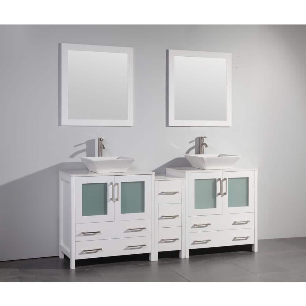 Vanity Art Ravenna 72 in. W Bathroom Vanity in White with Double Basin in White Engineered Marble Top and Mirrors