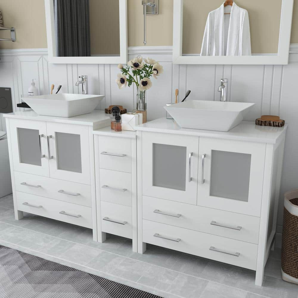 Vanity Art Ravenna 72 in. W Bathroom Vanity in White with Double Basin in White Engineered Marble Top and Mirrors